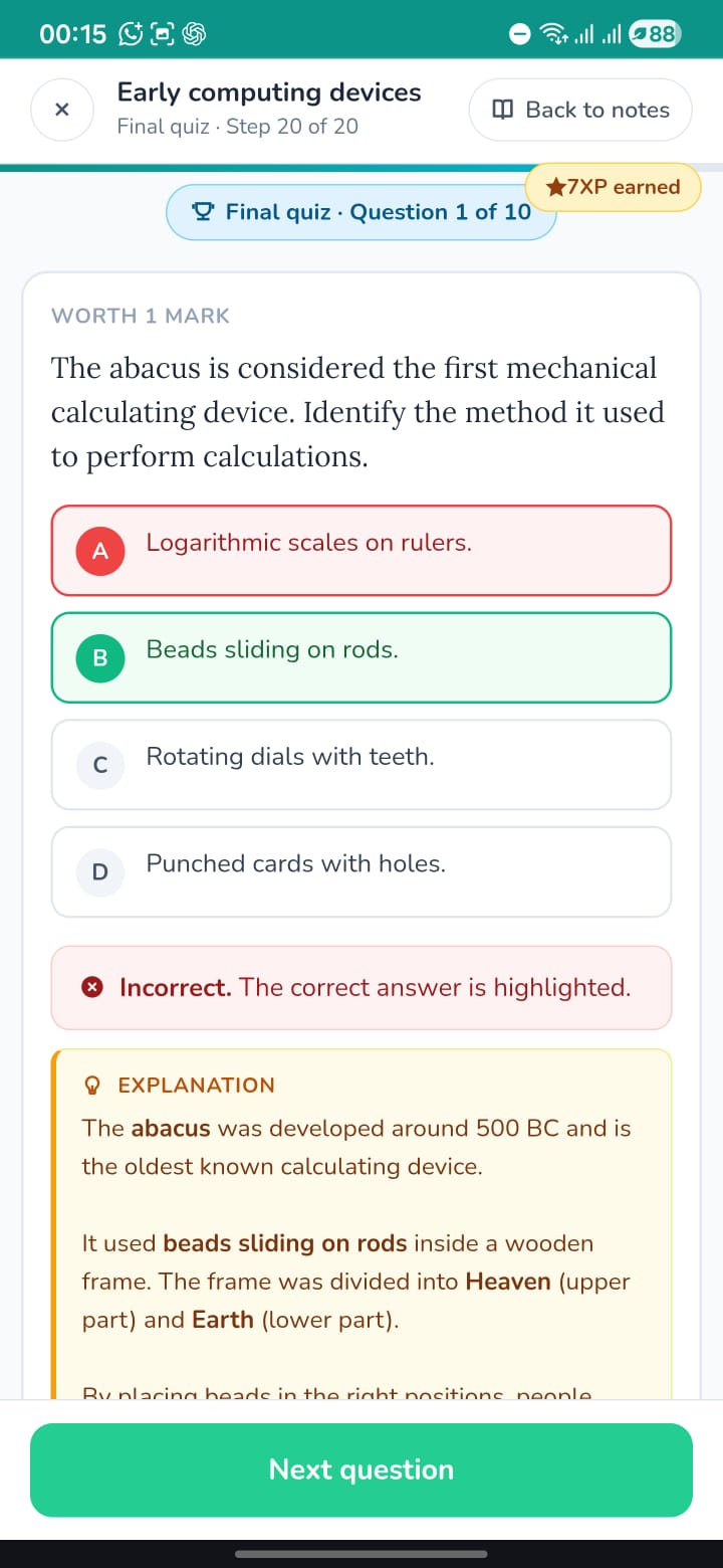 Quiz explanation screen