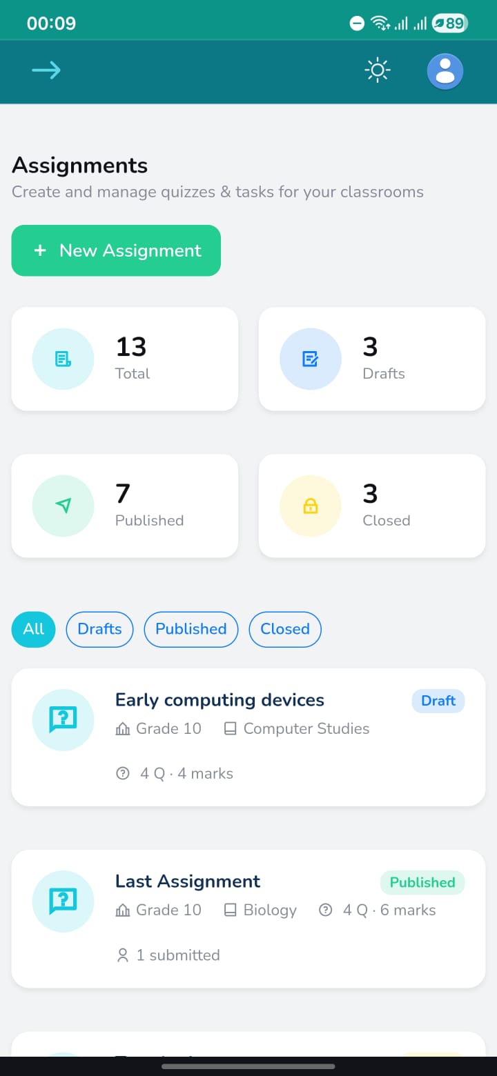 Teacher assignments screen